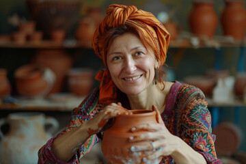 Generative AI photo craftsman shaping clay pot on spinning wheel in pottery studio surrounded by ceramic pieces