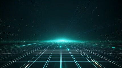 Futuristic digital landscape with glowing grid lines and a vibrant blue light source, creating an immersive 3D perspective.