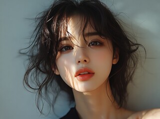 Portrait of young sexy asian, korean, japanese woman with tumbled hair and half-opened mouth