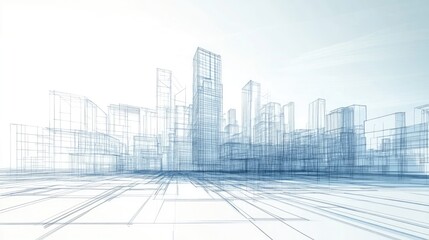 Obraz premium 3D illustration of an abstract modern urban landscape featuring a line drawing of imaginative architectural construction in a unique perspective design