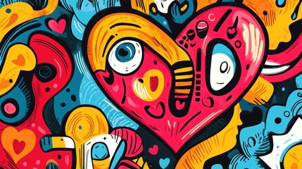 Heart shaped abstract forms featuring a whimsical hand drawn design with decorative elements Vibrant 2D cartoon style illustration