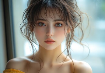 Portrait of young beautiful, pretty japanese woman, girl, teen with hair wearing yellow strapless dress on background of big window © Dmitry Lobanov