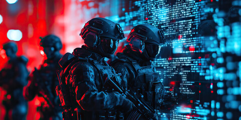 Digital Frontline: SWAT team members practicing cybersecurity drills amidst a chaotic background of code and error messages.