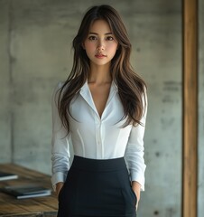 Young beautiful Japanese, Chinese, Korean woman, girl, schoolgirl, pupil, student in white shirt, blouse and black pencil skirt standing in room