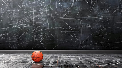 Basketball game strategy diagram on a blackboard background.