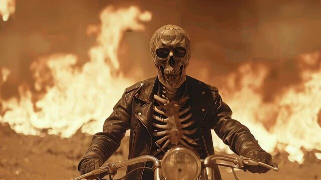 Skeleton biker riding his motorcycle in hell fire