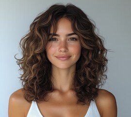Portrait of young smiling european woman with good tan and wavy, curly hair wearing white clothing on background of white wall