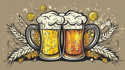 Illustration of Two Frothy Beer Mugs Clinking Together Surrounded by Hops and Barley Leaves, Perfect for Oktoberfest Celebrations