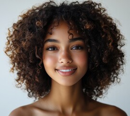 Portrait of young beautiful dark skin woman, teen, girl with pouty lips and curly hair