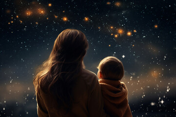 Obraz premium AI generated rear view photo of happy family time together looking sky