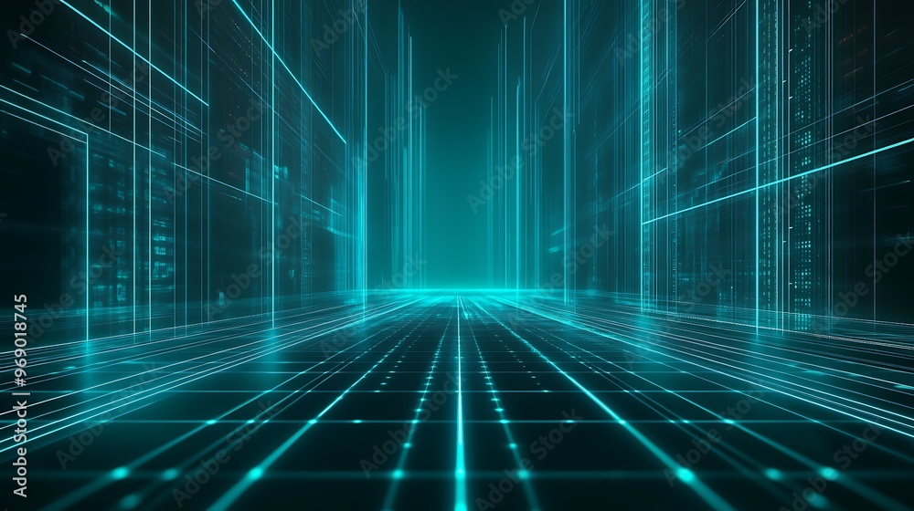 Poster futuristic digital landscape with glowing lines and grid patterns, creating a sense of depth and tec