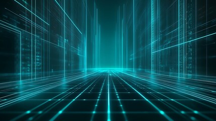 Futuristic digital landscape with glowing lines and grid patterns, creating a sense of depth and technology.