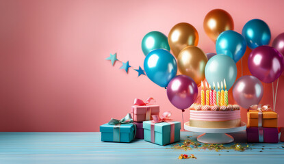 誕生日のお祝い　ピンク背景　ケーキとカラフルなプレゼントとバルーン