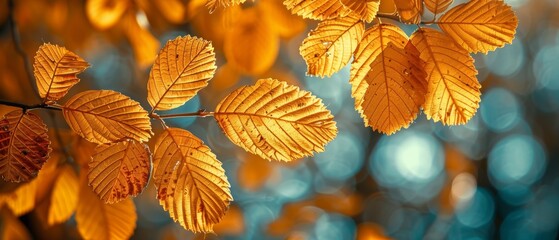 Obraz premium Beautiful, serene vibrant autumn leaves with golden and yellow hues - a macro photo in sunlight with detailed texture. 