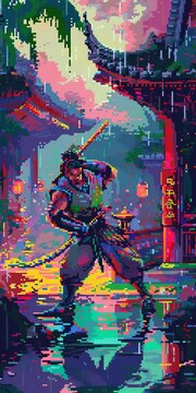 Pixel warrior, arena battle, 8bit art style, vibrant colors, sidescrolling perspective, detailed pixels, action pose, nostalgic epic feel