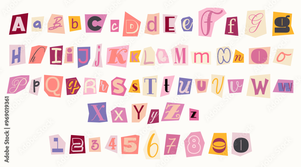 Fototapete set of colorful anonymous font. magazine cutout alphabet. cuts from newspaper. letters on pieces of 