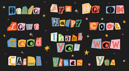 Collection of various stickers. Anonymous letters cut from magazines. Cuts from newspaper. Letters on pieces of paper in different colors. Retro grunge criminal alphabet set. For anonymous message