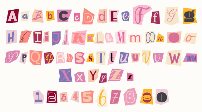 Set of colorful anonymous font. Magazine cutout alphabet. Cuts from newspaper. Letters on pieces of paper in different colors. Retro grunge criminal alphabet set. For anonymous message