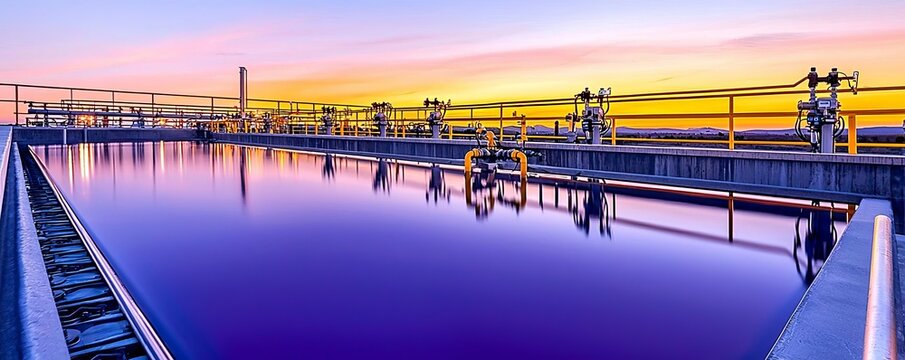 Industrial wastewater treatment, panoramic view with sedimentation tanks, aerators, control valves, at sunset, warm tones, sustainable, environmental technology