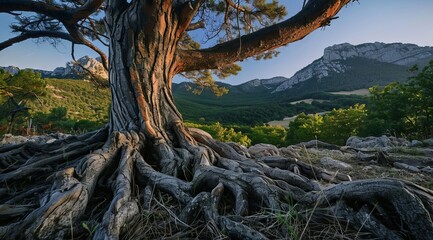 Old tree with thick roots. In the background, there are rocky mountains and hills. It is an evening light scene. Magical Landscape Old dependable and trusty Oak