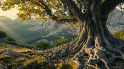 Old tree with thick roots. In the background, there are rocky mountains and hills. It is an evening light scene. Magical Landscape Old dependable and trusty Oak