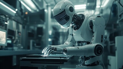 Fototapeta premium Futuristic AI-powered precision surgery tools for delicate operations: Robotic surgical systems using AI to enhance the accuracy and safety of complex procedures.