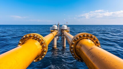 Coastal desalination plant, seawater intake pipes, evaporation tanks, deep blue sea and sky, innovative, global solution, renewable water source