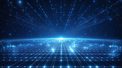 Futuristic digital landscape with glowing lines and stars, creating a sense of depth and space in a cosmic blue atmosphere.