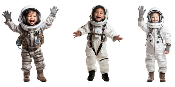 Happy kids in astronaut suits png cut out element set