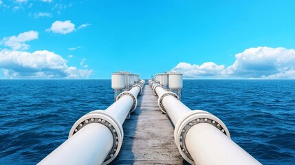 Coastal desalination plant, seawater intake pipes, evaporation tanks, deep blue sea and sky, innovative, global solution, renewable water source