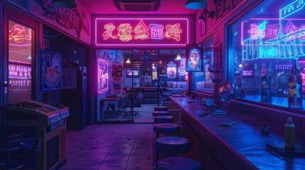Neon tattoo parlor, cyberpunk aesthetics, vibrant signs, glowing windows, vivid colors, futuristic vibe, detailed interior, moody atmosphere, neon glow