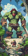 Pixel barbarian, fighting monster, 8bit art style, vibrant colors, topdown game perspective, detailed pixels, dynamic scene, retro adventure feel