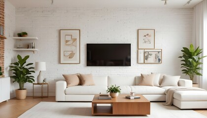 Photo modern style interior room 3d illustration Interior frame living room with colorful white sofa,led with blank frame