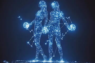 Digitally rendered human figures formed by glowing blue lights, representing technology, AI, and the future of humanity