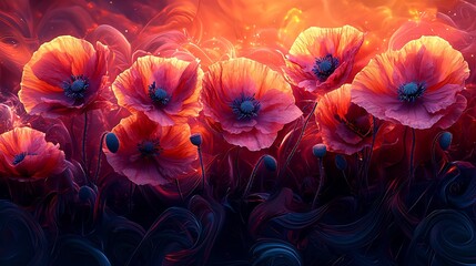 Semiabstract design of poppies blooming in a field of swirling neon vines and stems symbolizing remembrance and resilience