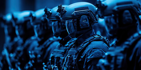 Thin Blue Line - A lineup of SWAT team members standing in formation, symbolizing their dedication to upholding the law and protecting their community.