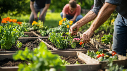 Fototapeta premium Community garden project promoting sustainability, volunteers planting vegetables and flowers in raised beds