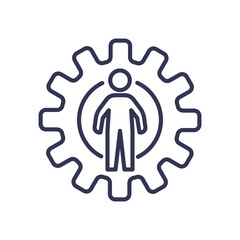 Illustration of a person inside a gear, symbolizing the integration of human factors in systems and processes.