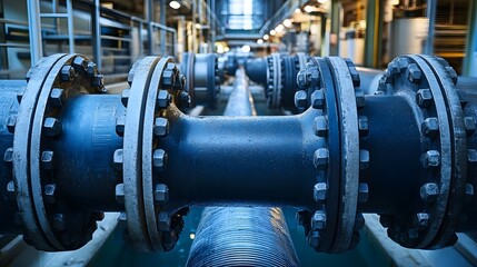 Obraz premium A yellow and blue industrial building with pipes and valves