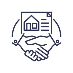 Obraz premium Illustration of a handshake with a document featuring a house, symbolizing a real estate legal agreement.