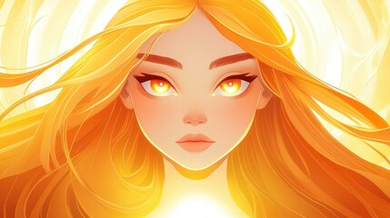 Obraz premium A stunning oil portrait features a girl, her face aglow in bright yellow, with fiery eyes and a holy halo.