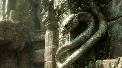 Close-Up Shot of a Gorgon Slithering Through a Ruined Temple with Snake Hair and a Coiling Body Among Fallen Pillars