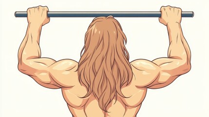 A strong anime character gripping a fighting pole, surrounded by flowing long hair, set against a clean backdrop.