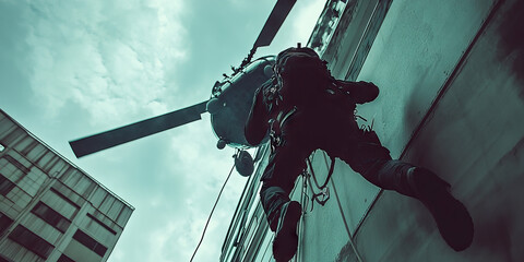 SWAT on the Ground - A SWAT team member rappelling from a helicopter, ready to respond to a high-rise hostage situation.