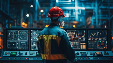 Fototapeta premium Engineer at Work. Operating Advanced Control Panel