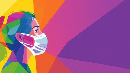 A vibrant illustration of a woman in a face mask, showcasing care and caution during the pandemic on a clean backdrop.