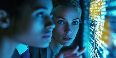 Matrix Moment: A group of coworkers gather around a holographic display, deep in discussion.