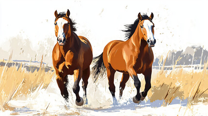 Dynamic duo of galloping horses in golden field showcases equine grace and power, perfect for ranch advertising, western-themed decor, and animal welfare campaign materials