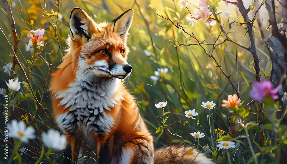 Wall mural Vibrant red fox resting gracefully amidst blooming spring flowers