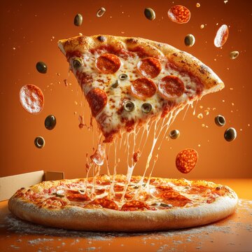 240807 33. An epic stylized advertise photo of pepperoni pizza bursting energetically from a pizza box, along with olive slices floating up, set against a rustic orange background